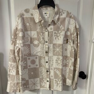 H&M Beige and White Graphic Button-Down Shirt